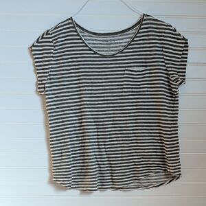 LOFT Linen Green & White Striped short sleeve top, sz. L